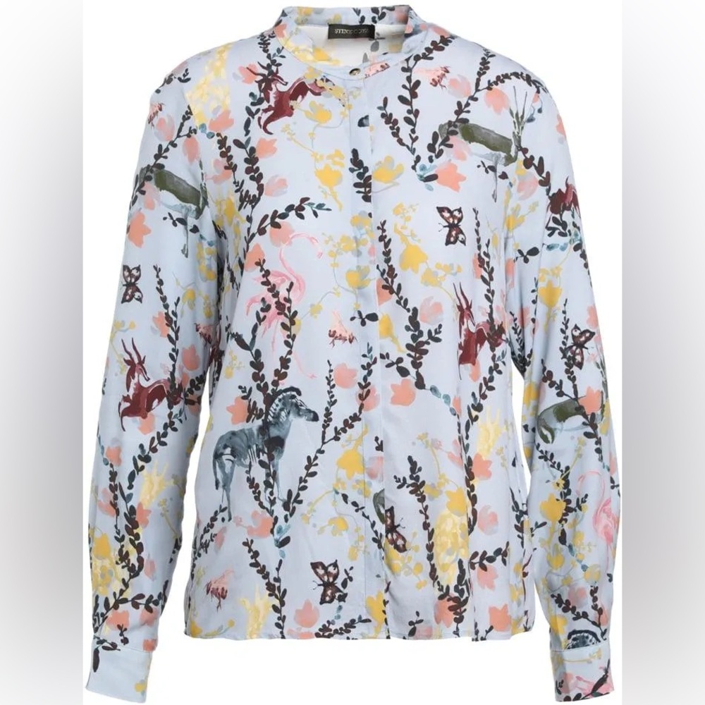 Stine Goya Silk-Feel Blouse rare  Wallpaper Print Zebra Flamingo Butterfly large